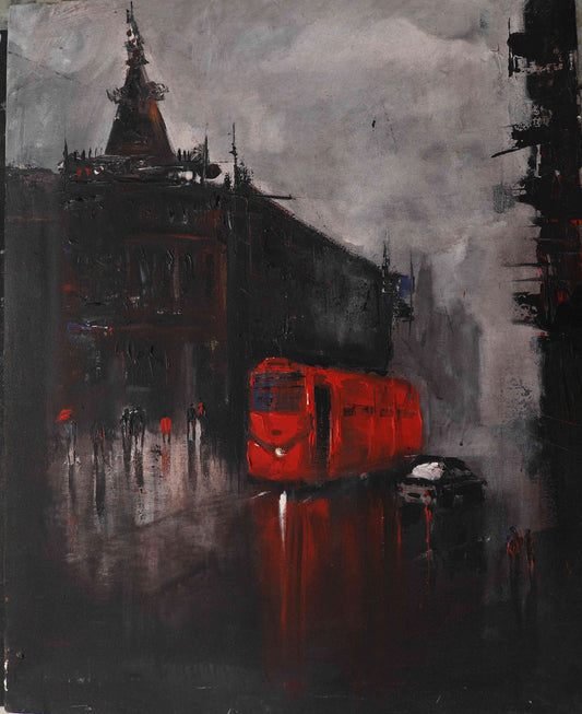 Cityscape with Red Tram – Contemporary Urban Cityscape Painting (AB)