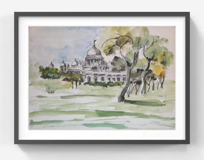 Victoria Memorial Kolkata – Original Watercolor & Ink Drawing – Handmade India Landmark Wall Decor (SB)
