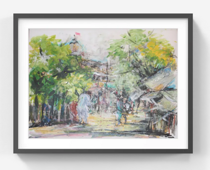 Original Mixed-Media Street Scene Painting – Colorful Urban India Artwork –