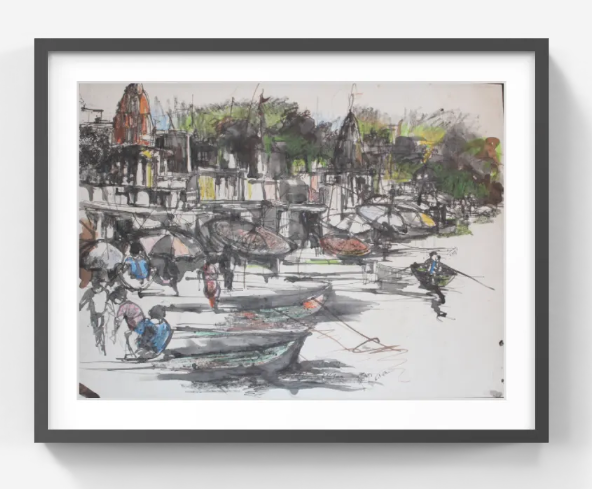 Original Mixed-Media Riverfront Painting – Vibrant Indian Ghats Artwork –  Urban Landscape Wall Decor (SB)