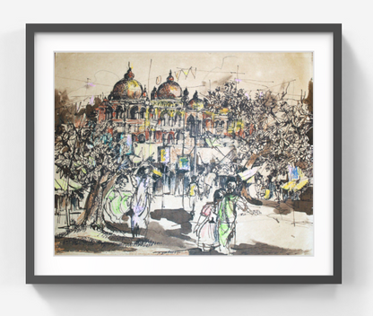 Original Mixed-Media Indian Architecture Painting – Vibrant Heritage Cityscape with Street Life – Handmade Cultural Wall Art (SB)